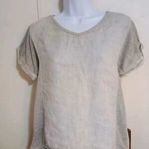 Women's 100% Linen Kaktus Short Sleeve Top Size Small Light Gray